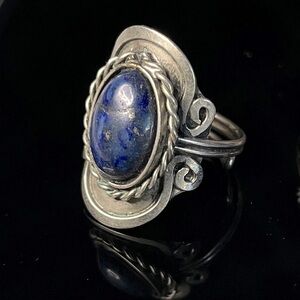 Blue Lapis Lazuli or Sodalite Adjustable Ring Silver Toned  Unique Rustic Detail
